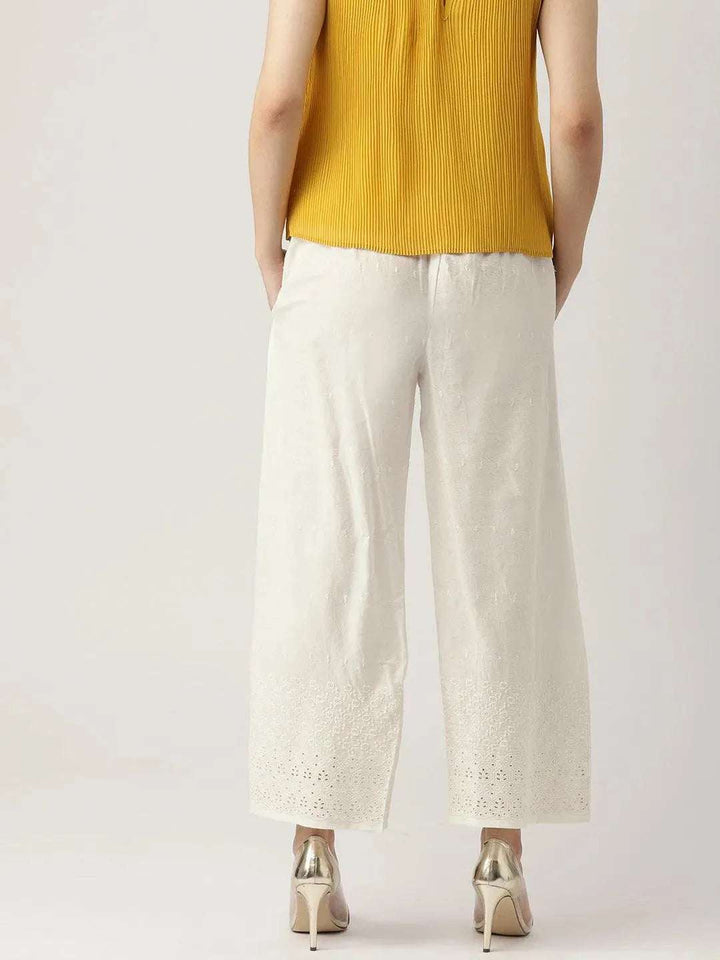 White Schiffli Cotton Palazzos - Libas