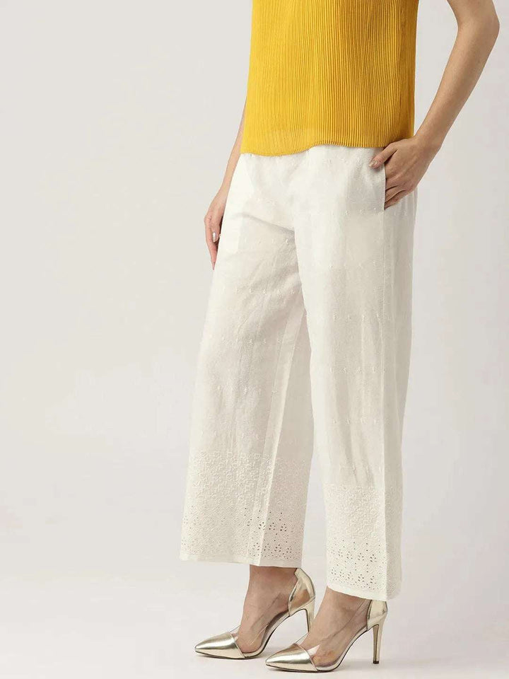 White Schiffli Cotton Palazzos - Libas