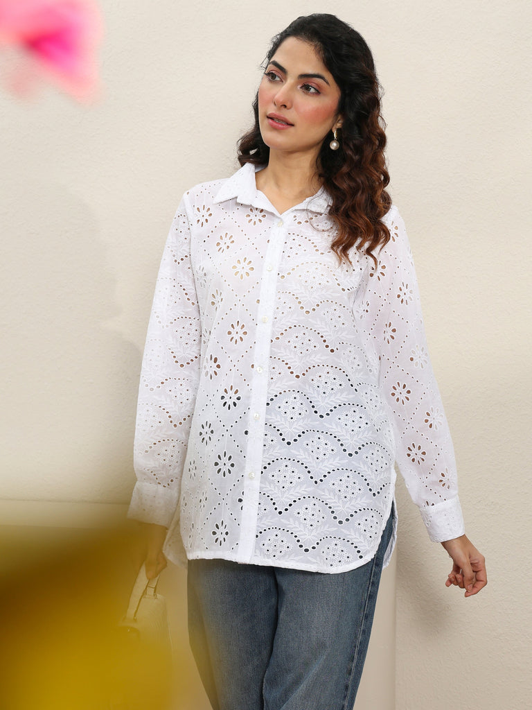 Libas White Schiffli Design Panelled Shirt