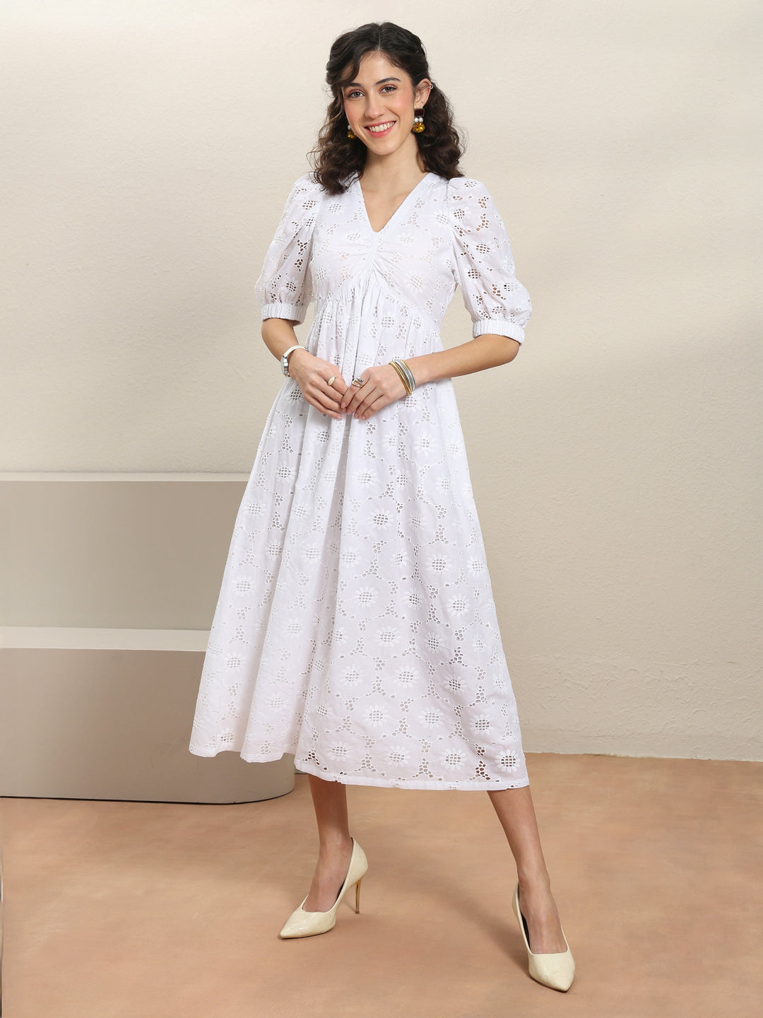  White Schiffli Embroidered Cotton A-Line One-Piece Dress 