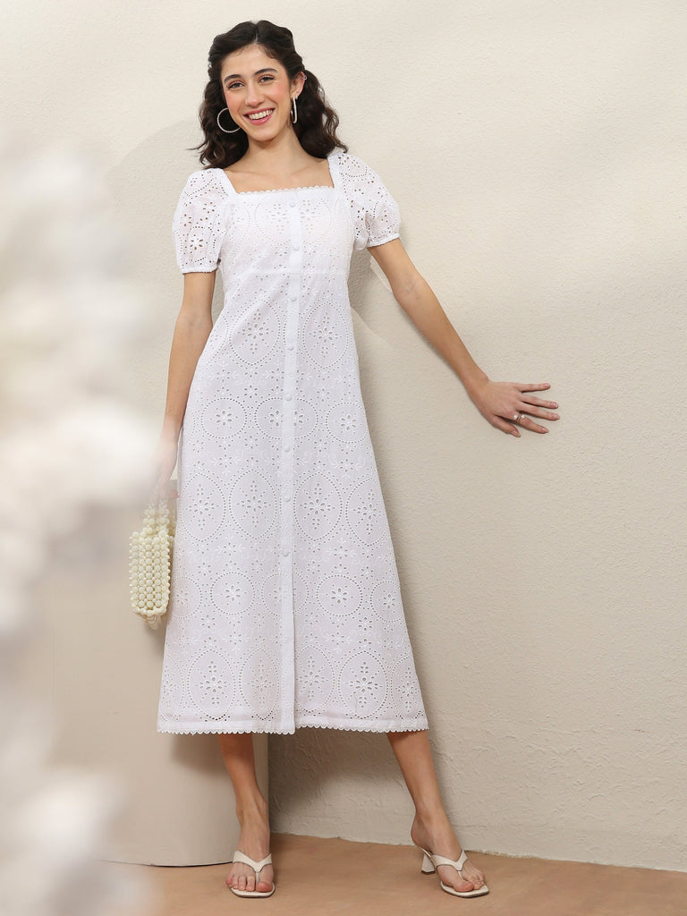 Libas White Schiffli Embroidered Cotton A-Line One-Piece Dress