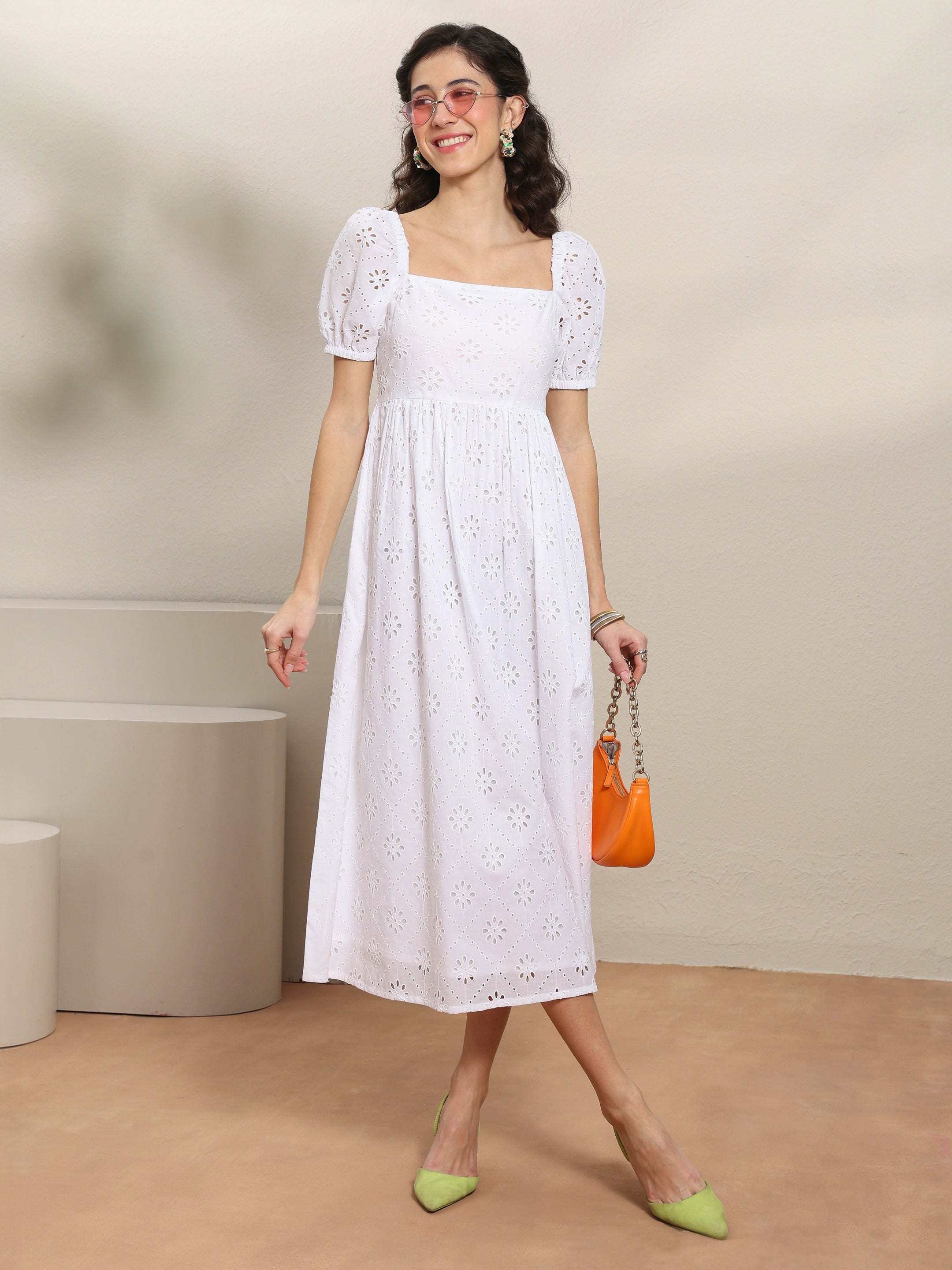 Libas White Schiffli Embroidered Cotton A-Line One-Piece Dress-picture-14