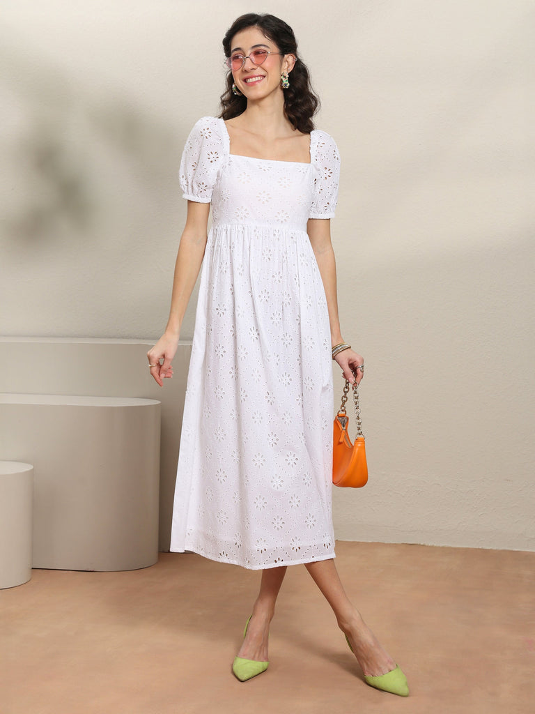 Libas White Schiffli Embroidered Cotton A-Line One-Piece Dress