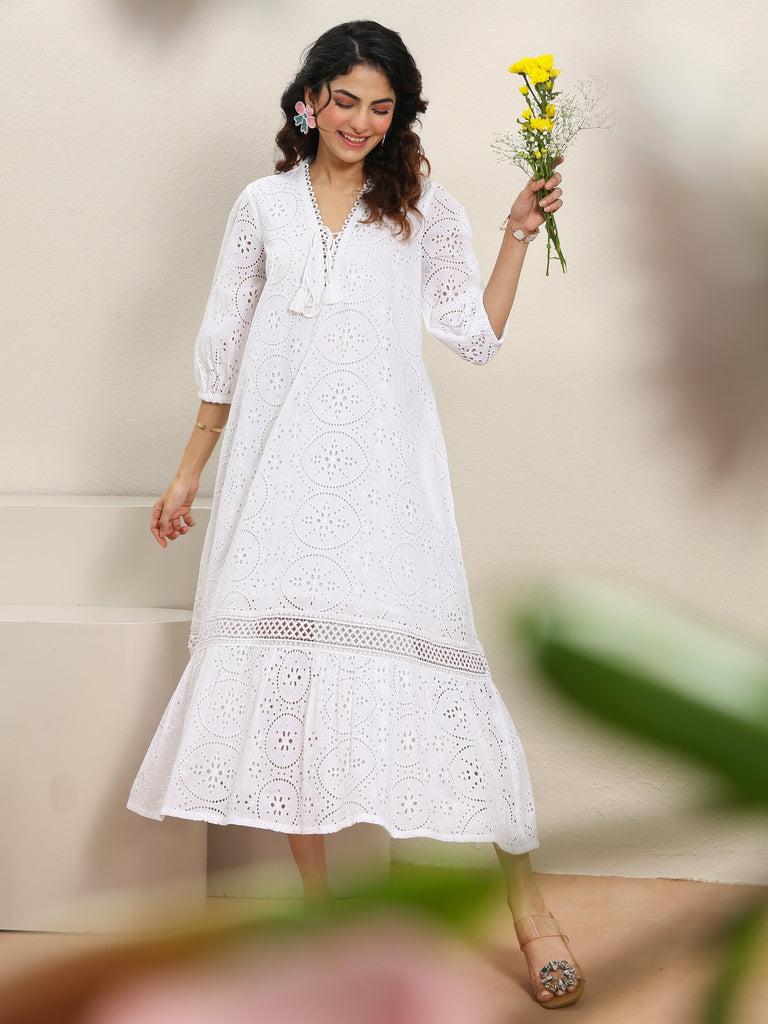 Libas White Schiffli Embroidered Cotton A-Line One-Piece Dress