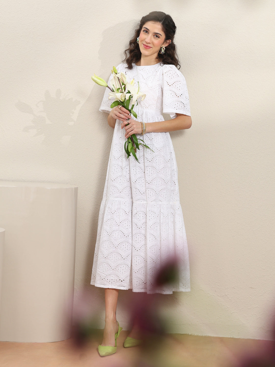  White Schiffli Embroidered Cotton Fit-And-Flare One-Piece Dress 