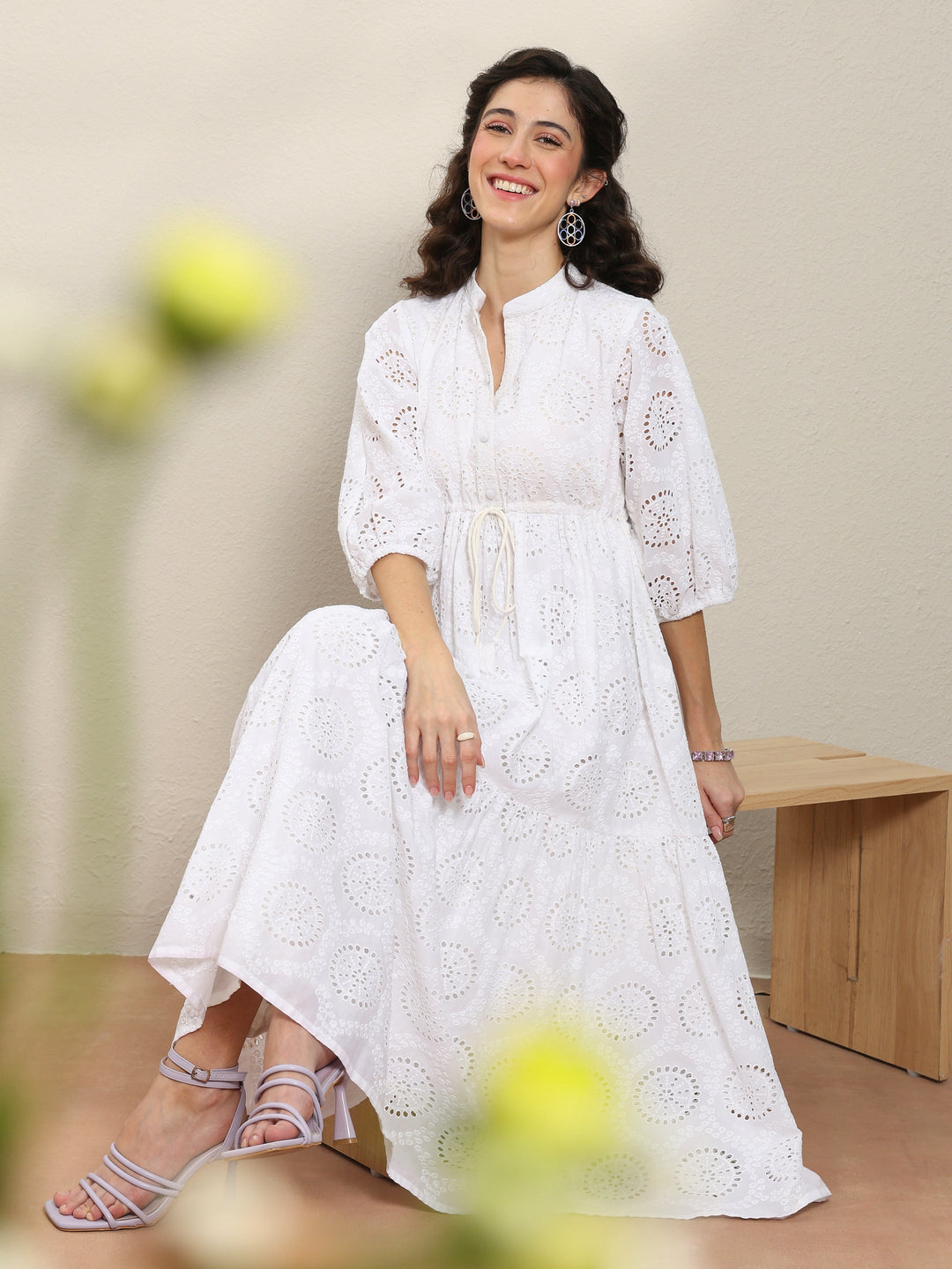  White Schiffli Embroidered Cotton Fit-And-Flare One-Piece Dress 