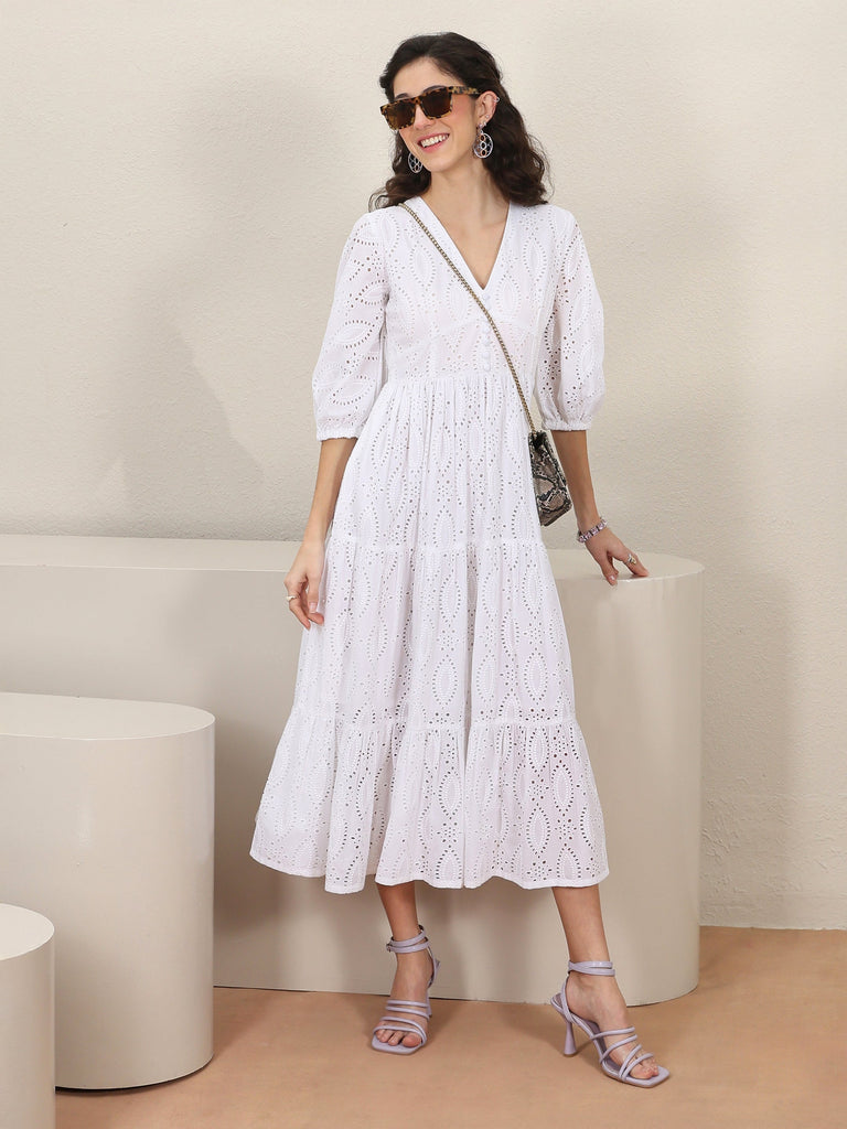 Libas White Schiffli Embroidered Cotton Fit-And-Flare One-Piece Dress