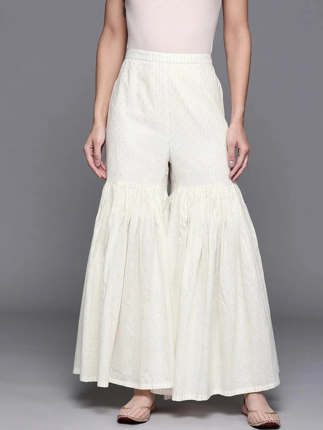  White Self Design Cotton Sharara Pants 
