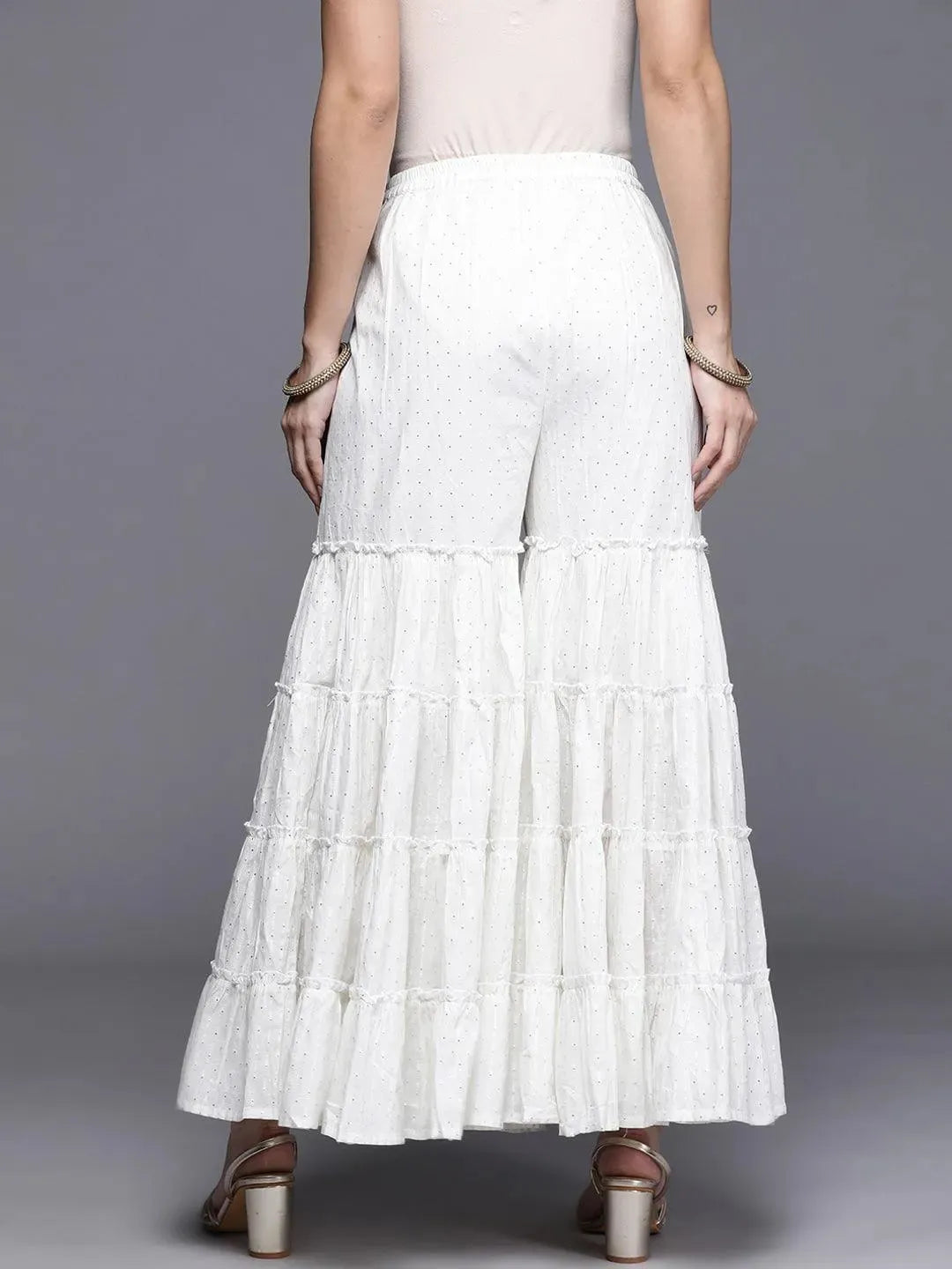 White Self Design Cotton Sharara Pants - Libas 