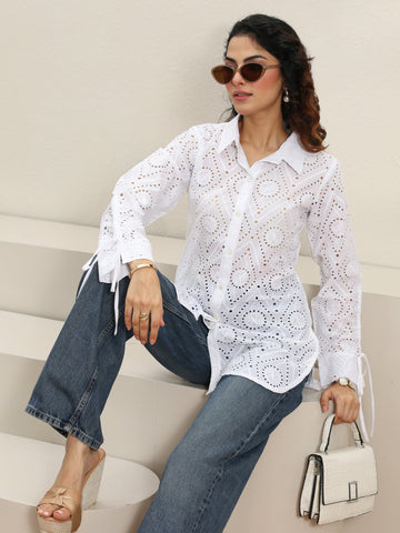 Libas White Self Design Cotton Shirt