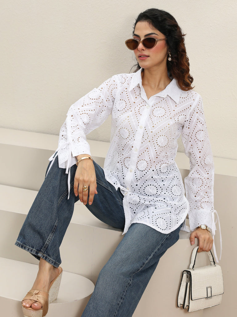 Libas White Self Design Cotton Shirt