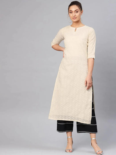 White Self Design Cotton Kurta Set - Libas