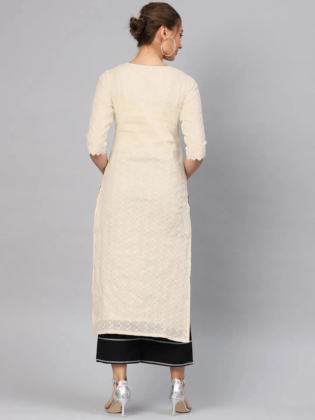 White Self Design Cotton Kurta Set - Libas 