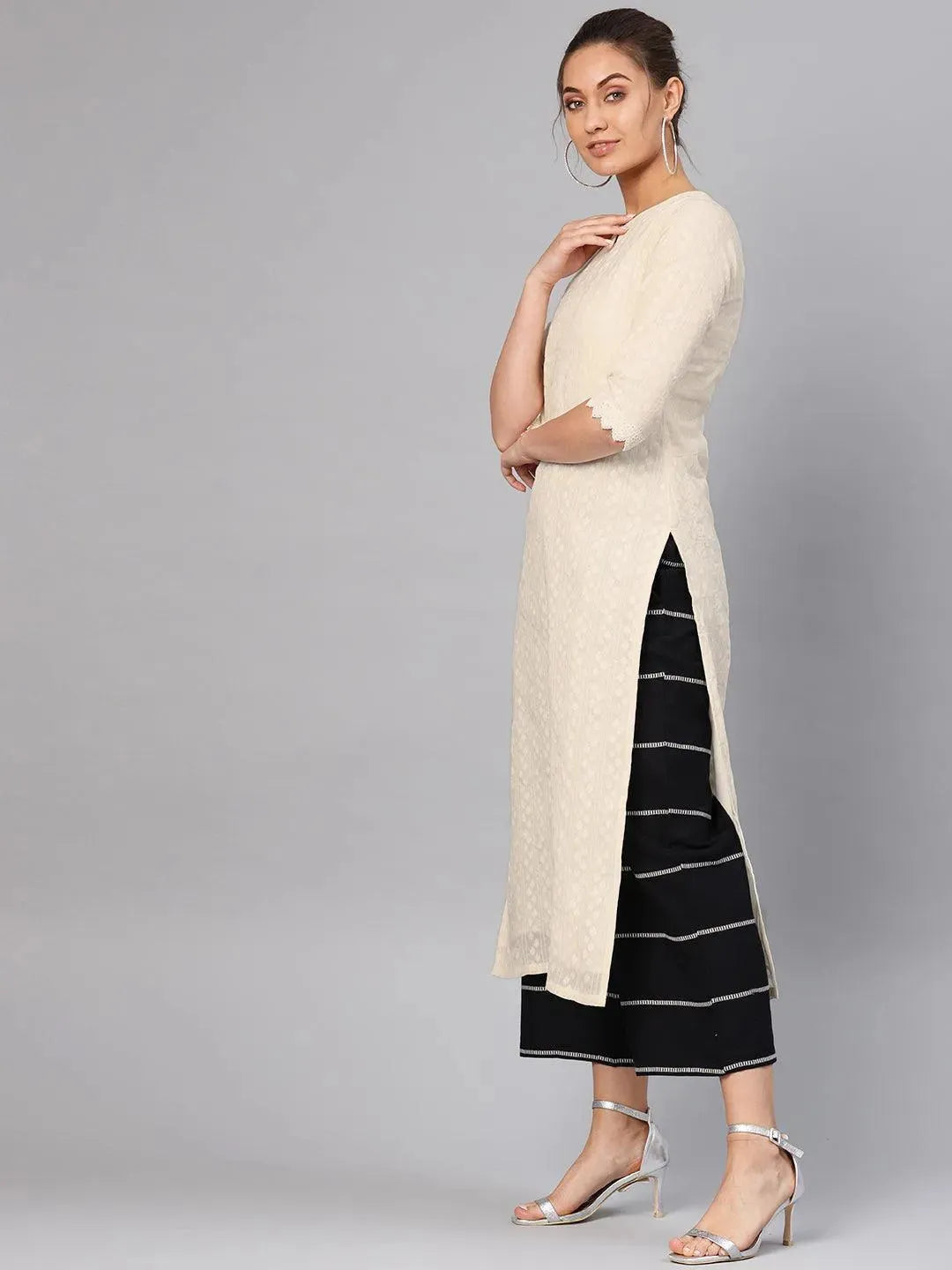 White Self Design Cotton Kurta Set - Libas 