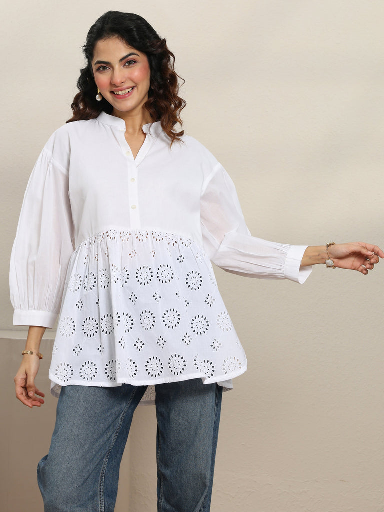 Libas White Self Design Cotton Straight Short Kurti