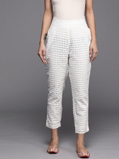 White Self Design Cotton Trousers - Libas