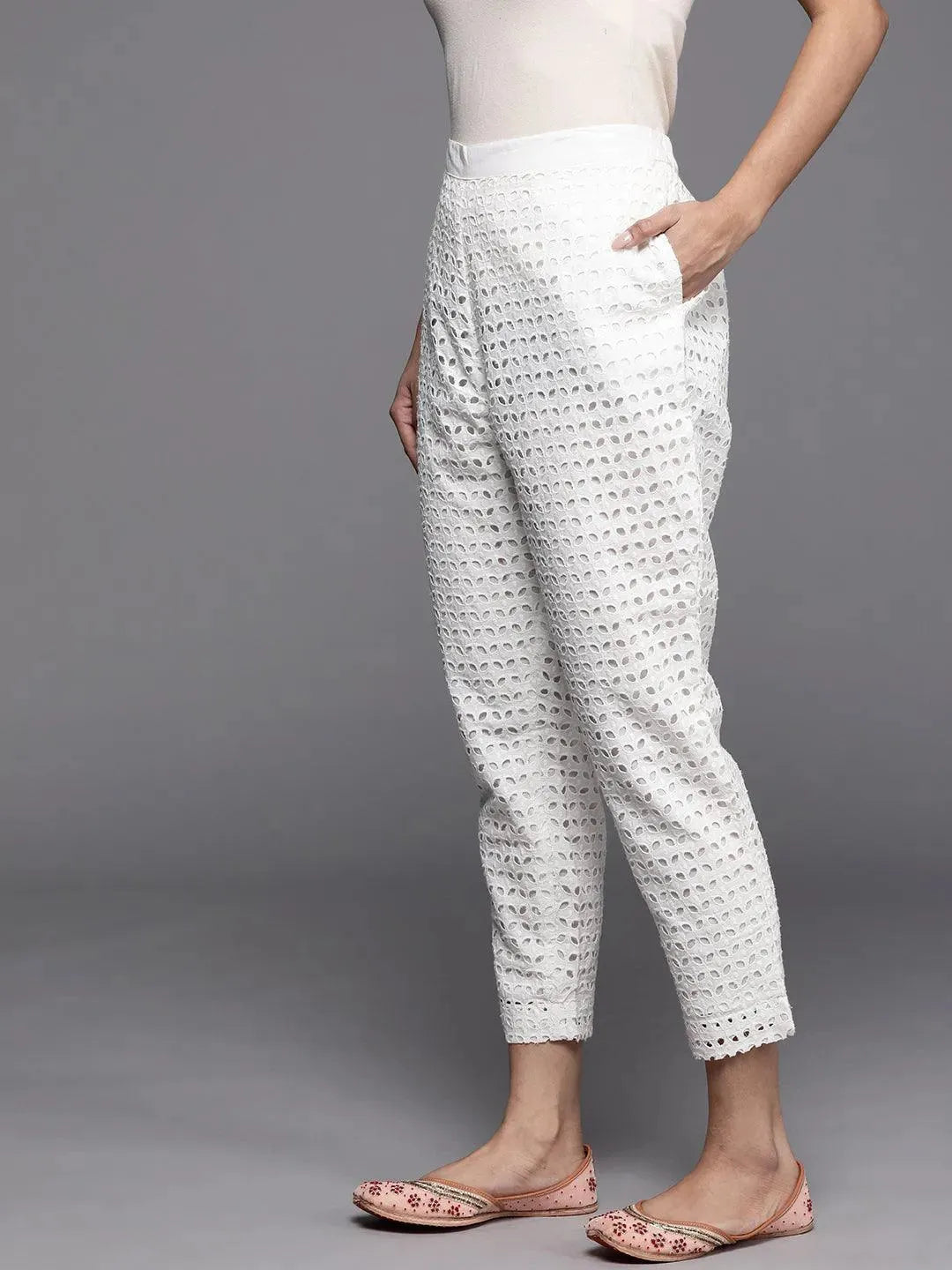 

White Self Design Cotton Trousers