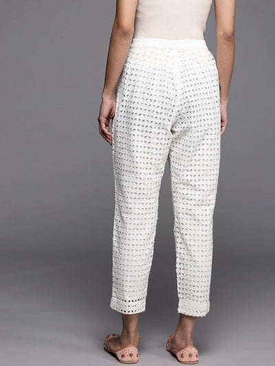 White Self Design Cotton Trousers - Libas