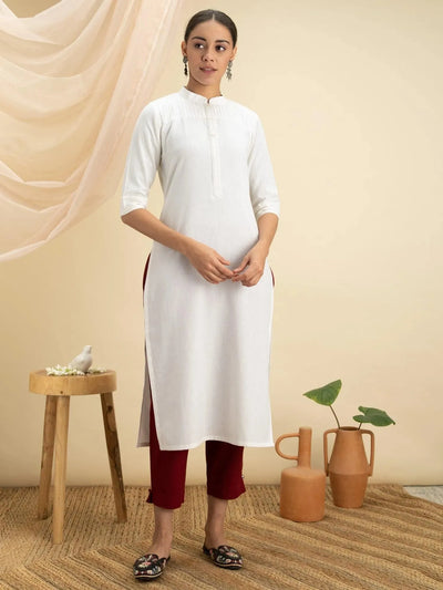 White Solid Cotton Kurta - Libas