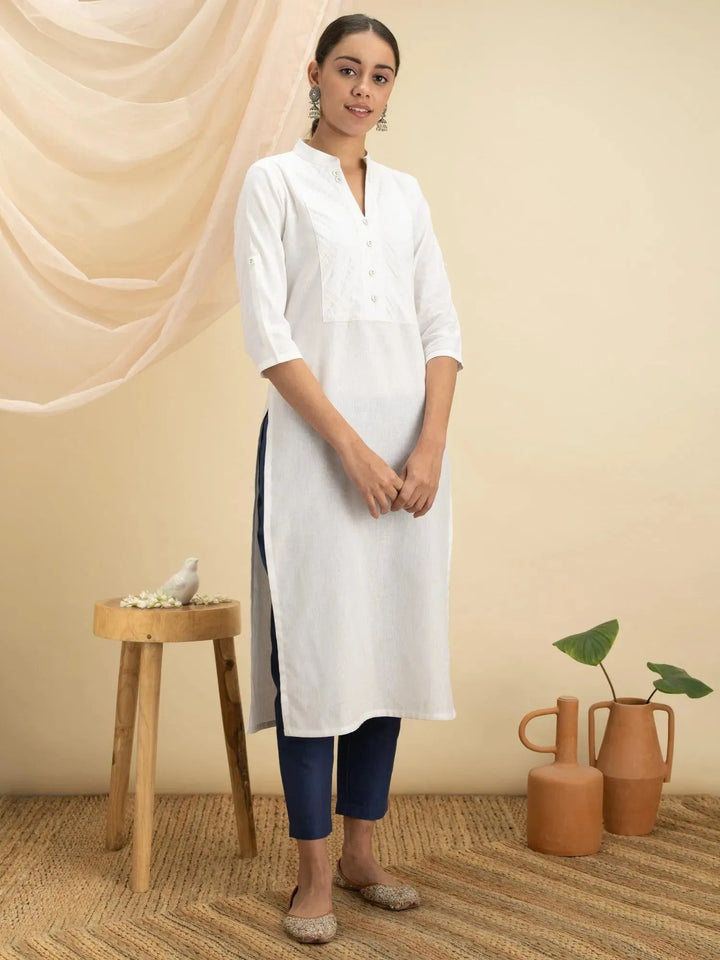 White Solid Cotton Kurta - Libas