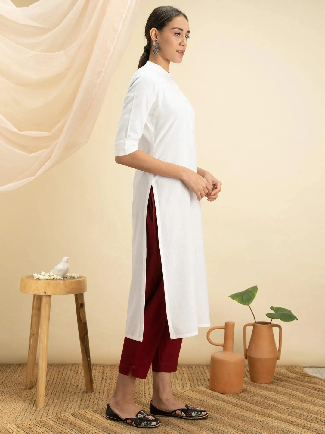 White Solid Cotton Kurta - Libas 