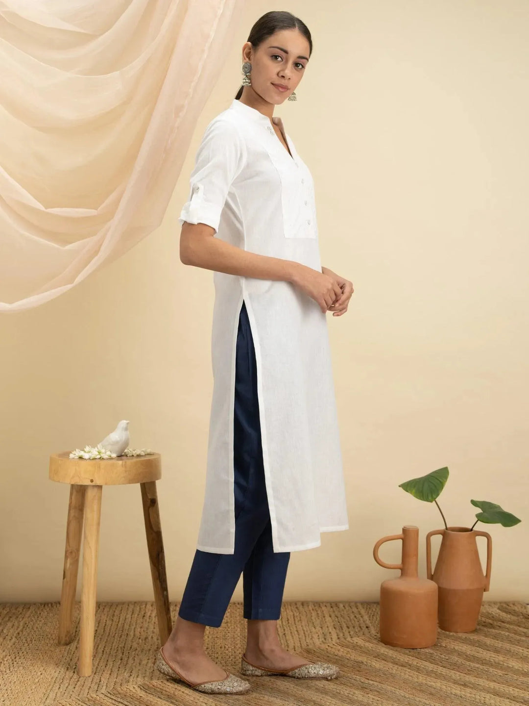 White Solid Cotton Kurta - Libas