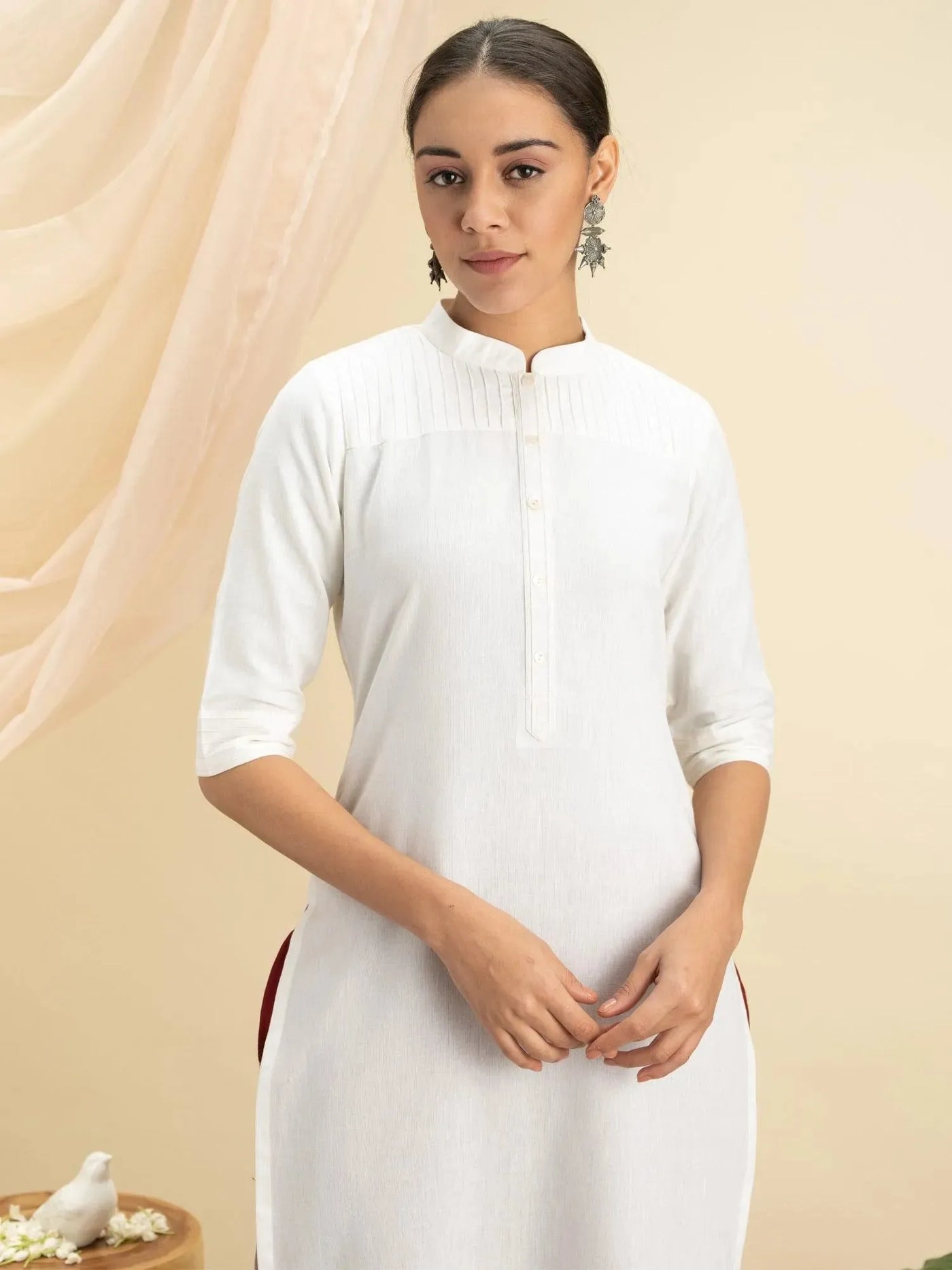 White Solid Cotton Kurta - Libas