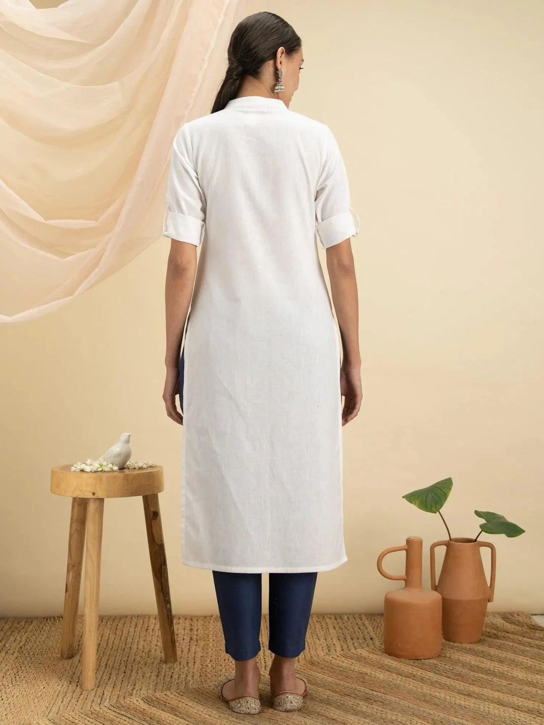 White Solid Cotton Kurta - Libas 
