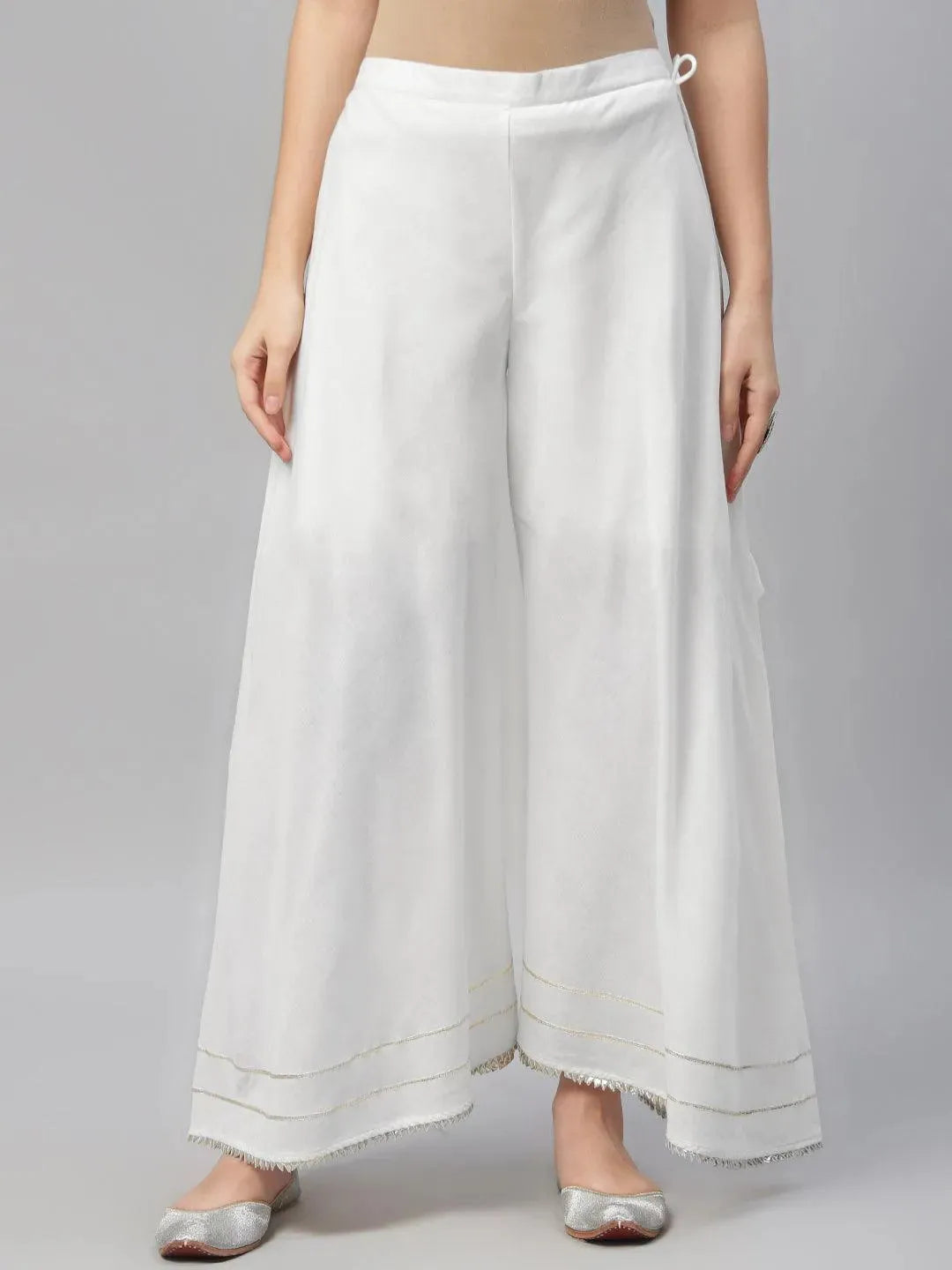 White Solid Cotton Palazzos - Libas