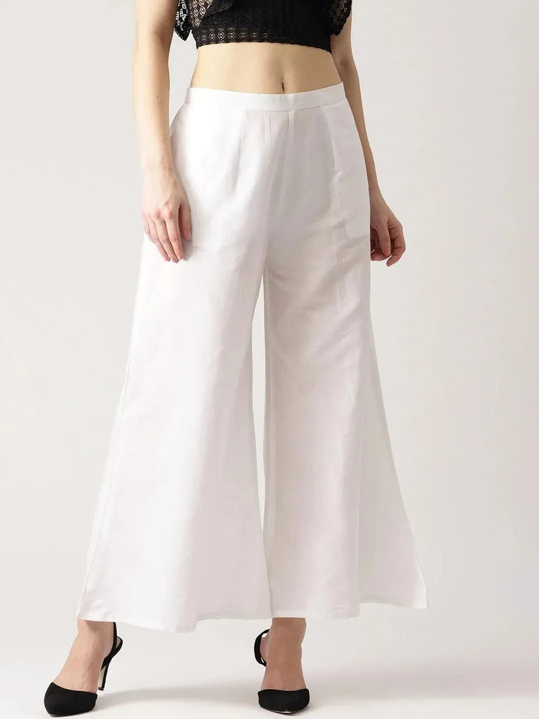 White Solid Cotton Palazzos - Libas 