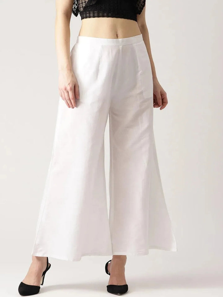 White Solid Cotton Palazzos - Libas