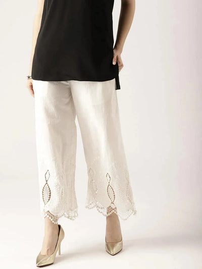 White Solid Cotton Palazzos - Libas