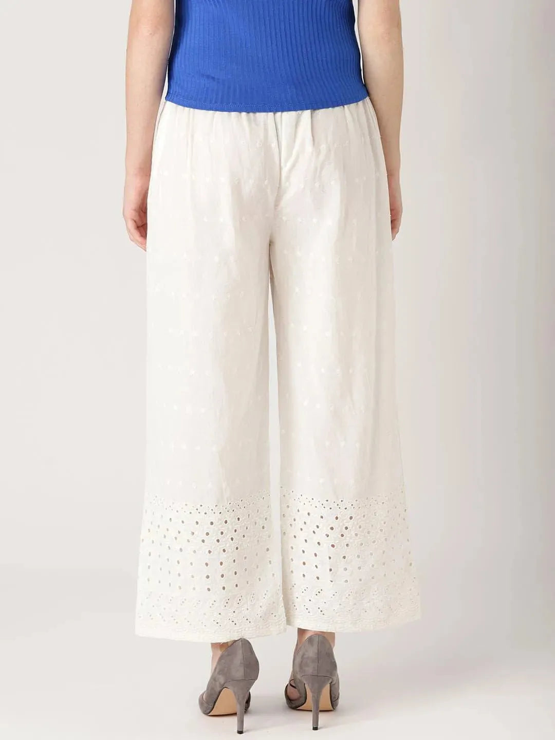 White Solid Cotton Palazzos - Libas