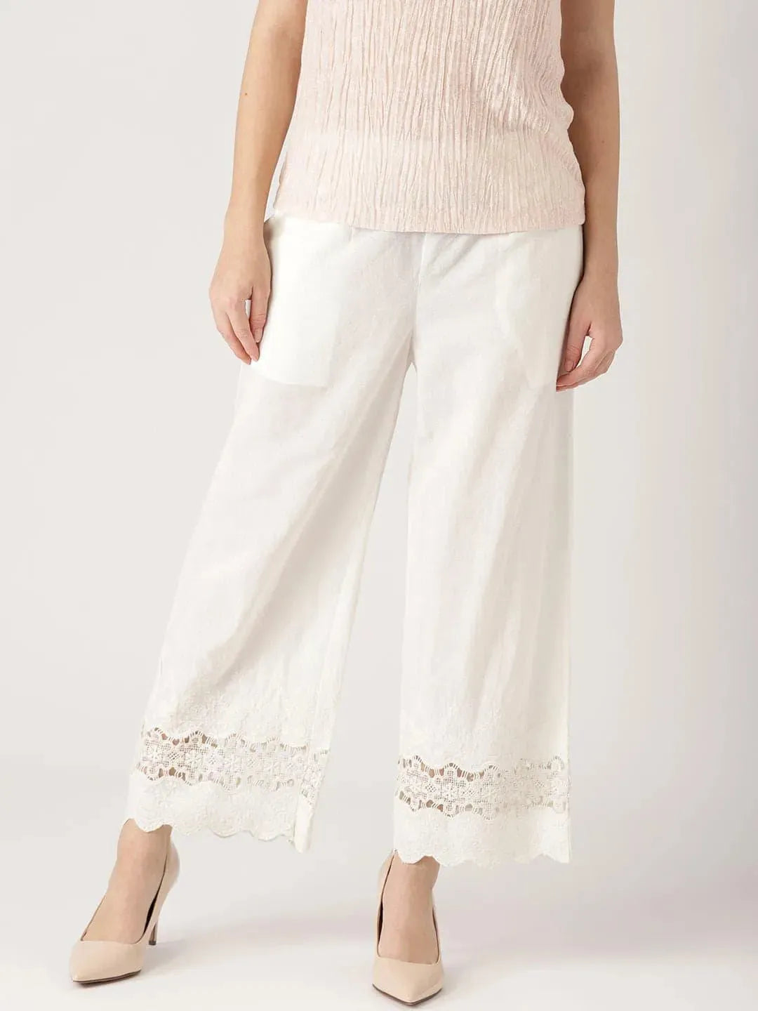 White Solid Cotton Palazzos - Libas