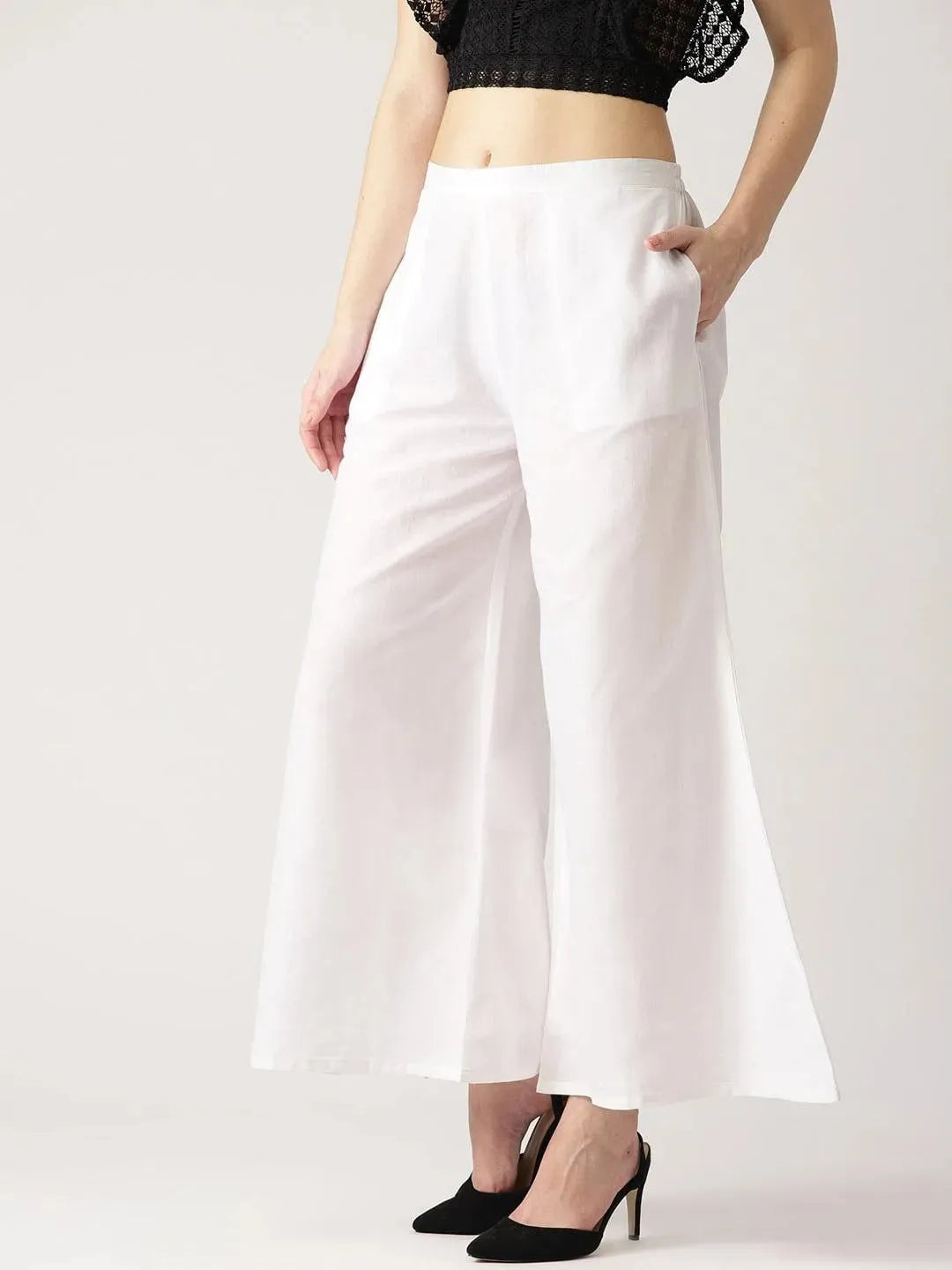 White Solid Cotton Palazzos - Libas 