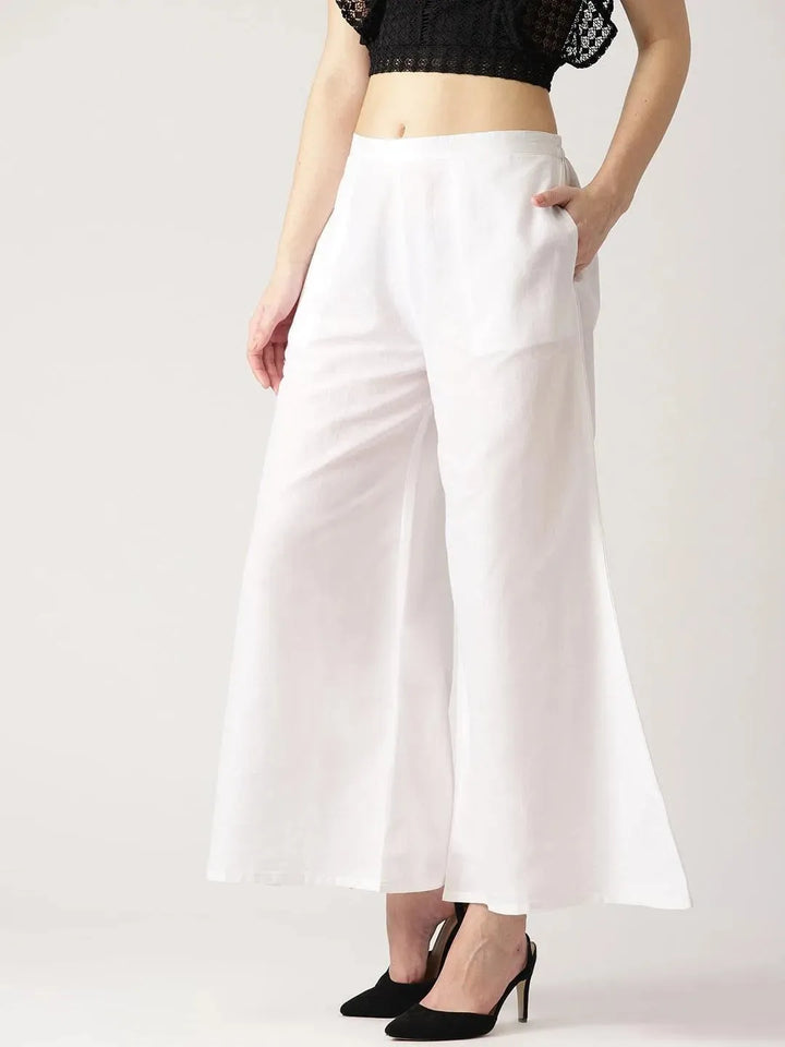 White Solid Cotton Palazzos - Libas