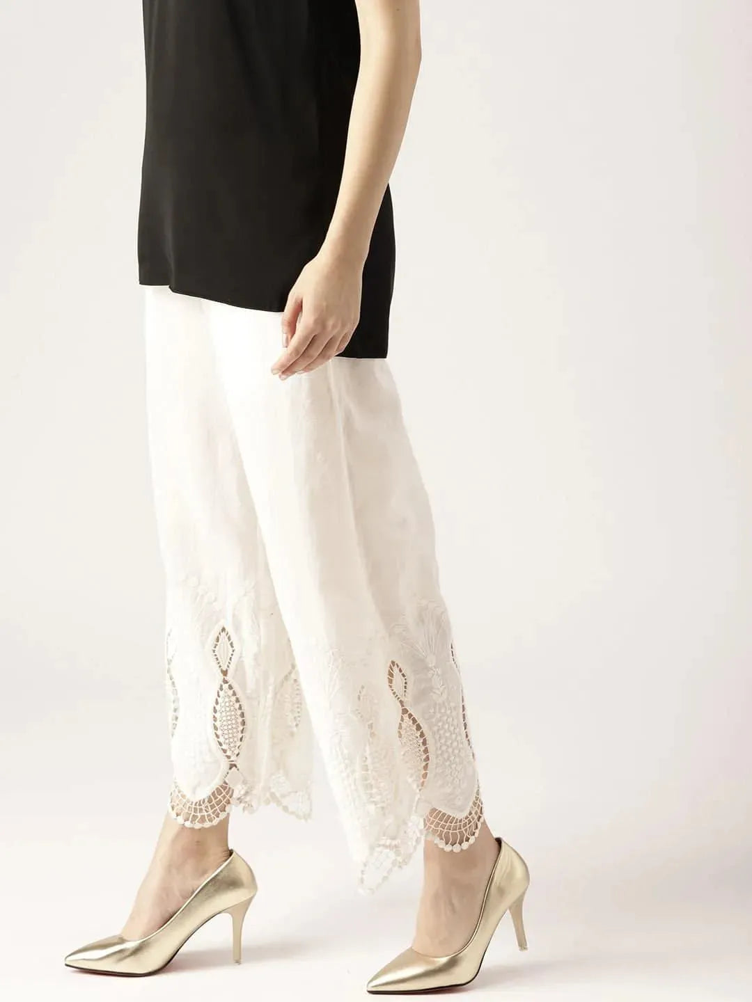 White Solid Cotton Palazzos - Libas 
