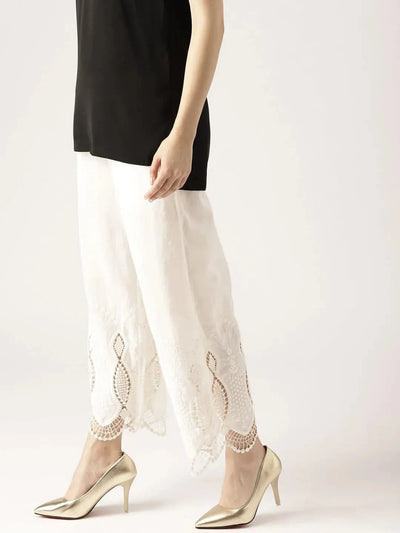 White Solid Cotton Palazzos - Libas