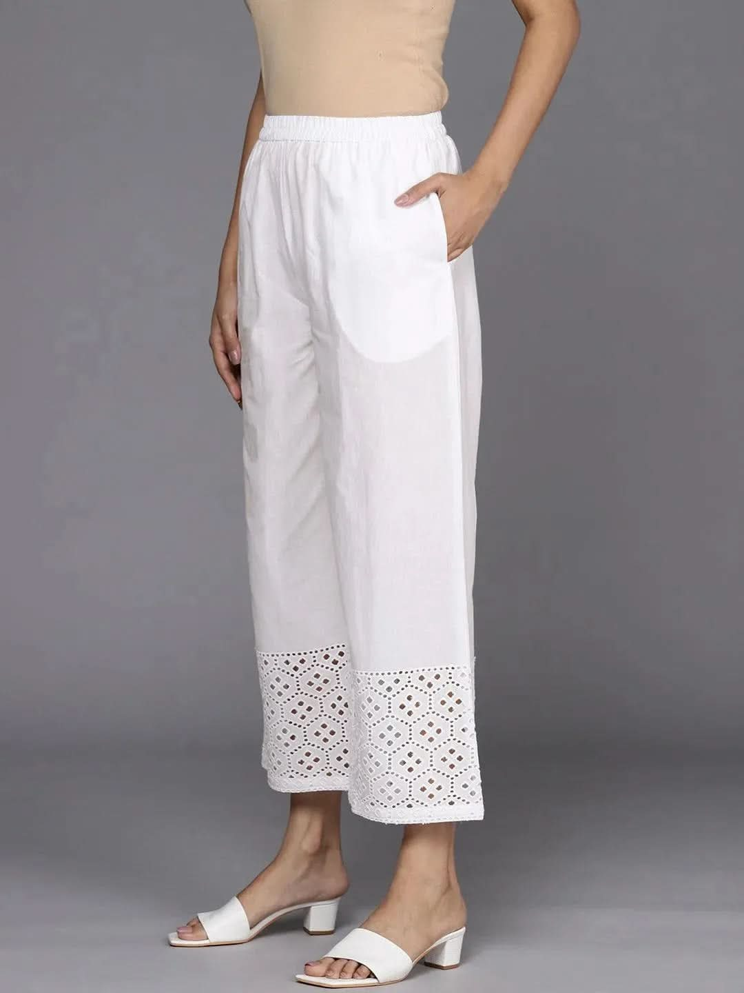 White Solid Cotton Palazzos - Libas