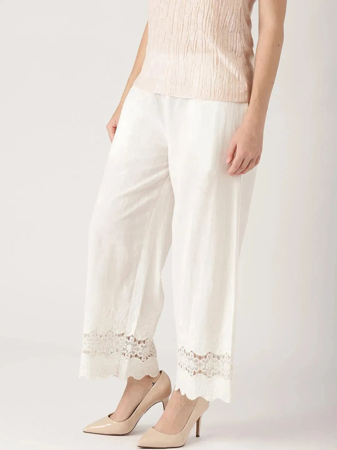 White Solid Cotton Palazzos - Libas