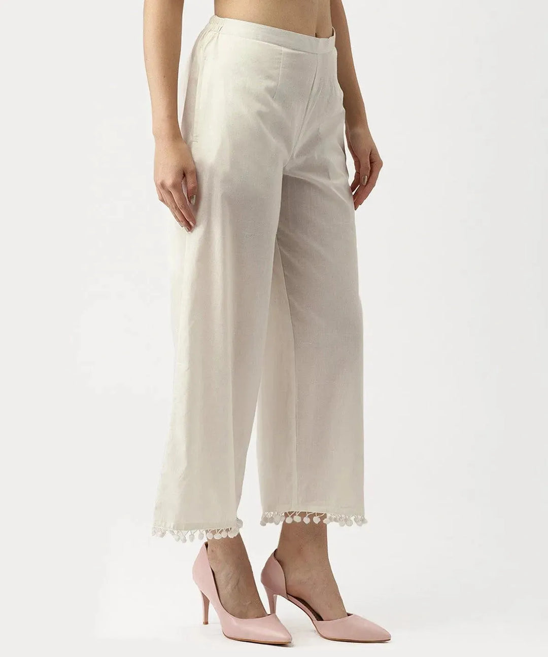 White Solid Cotton Palazzos - Libas 