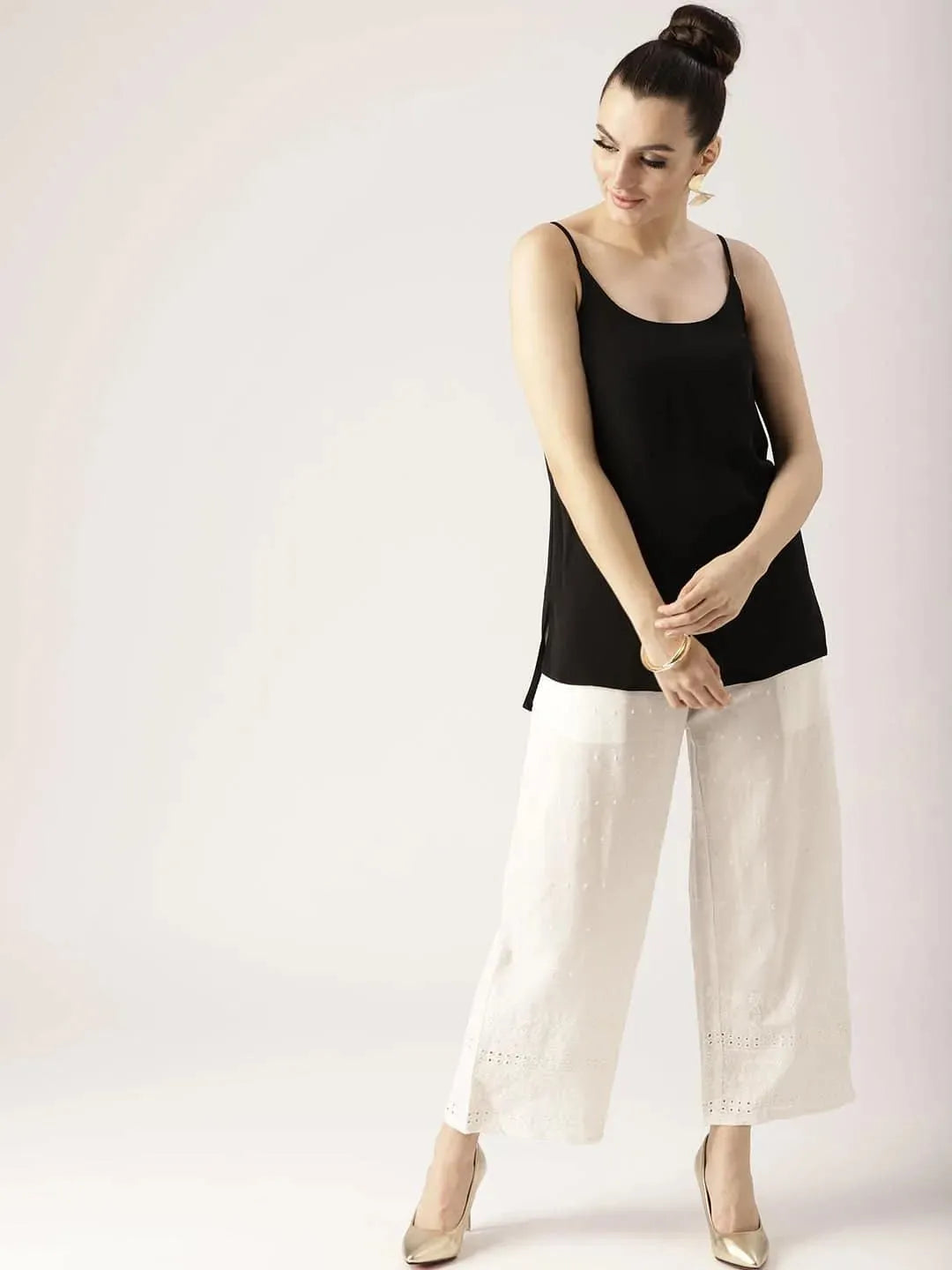 White Solid Cotton Palazzos - Libas