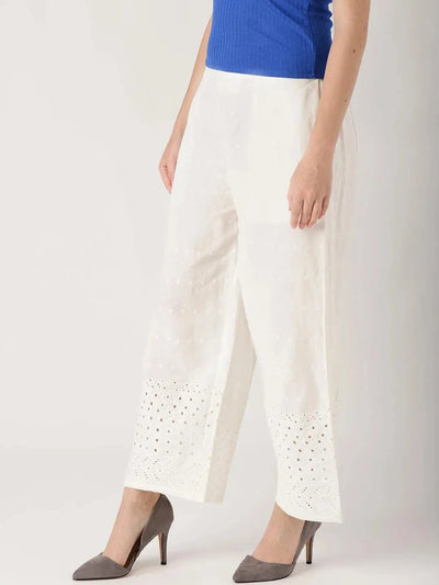 White Solid Cotton Palazzos - Libas