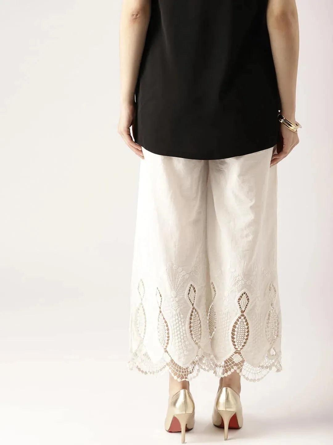 White Solid Cotton Palazzos - Libas 