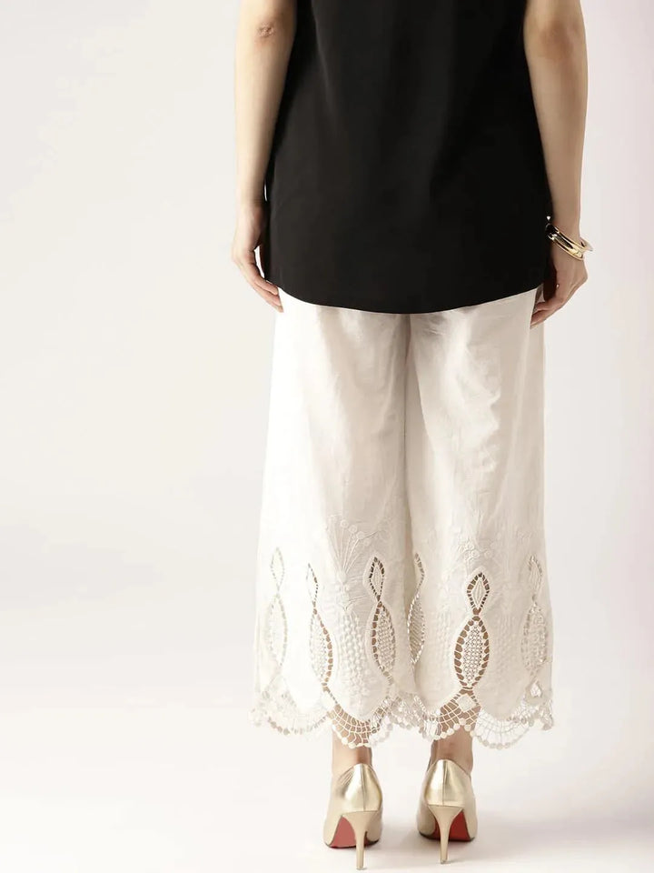 White Solid Cotton Palazzos - Libas