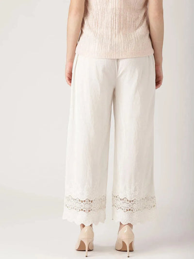 White Solid Cotton Palazzos - Libas