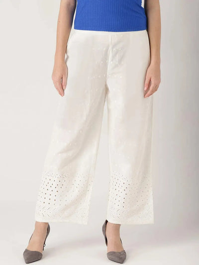 White Solid Cotton Palazzos - Libas