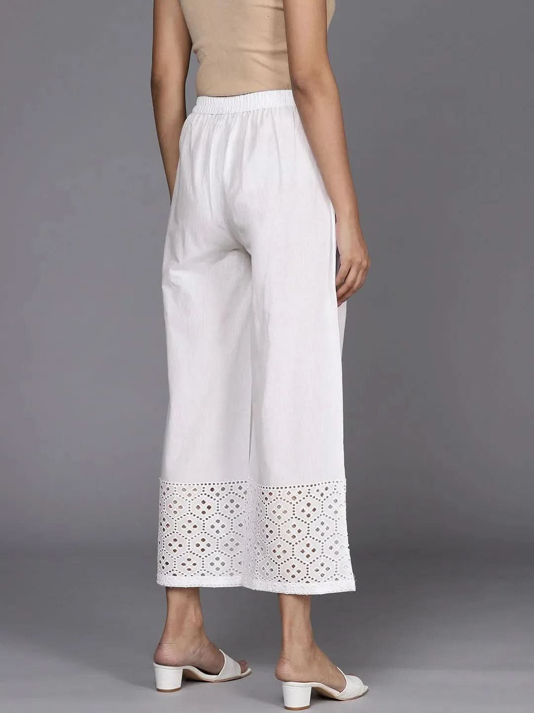 White Solid Cotton Palazzos - Libas 