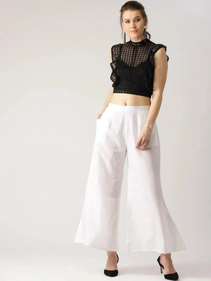 White Solid Cotton Palazzos - Libas