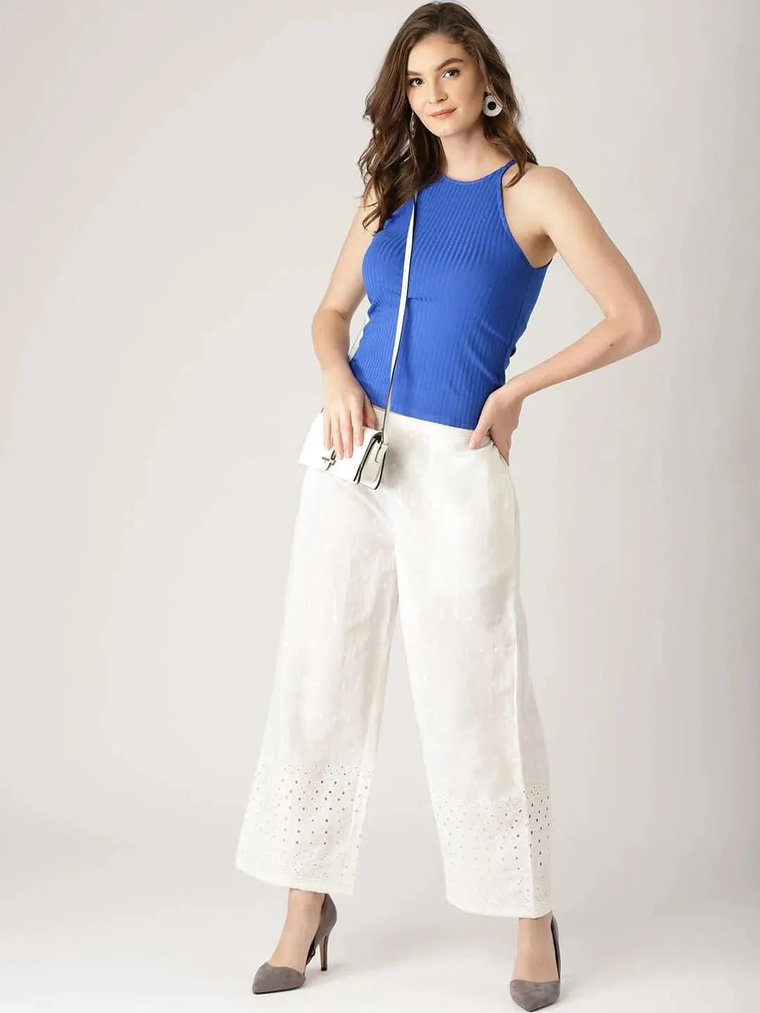 White Solid Cotton Palazzos - Libas